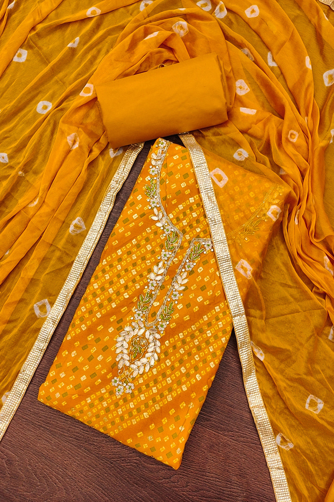 Stylish Yellow Bandhani Style Cotton Salwar Suit