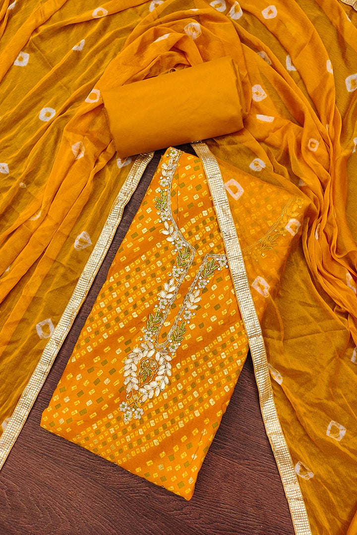 Stylish Yellow Bandhani Style Cotton Salwar Suit