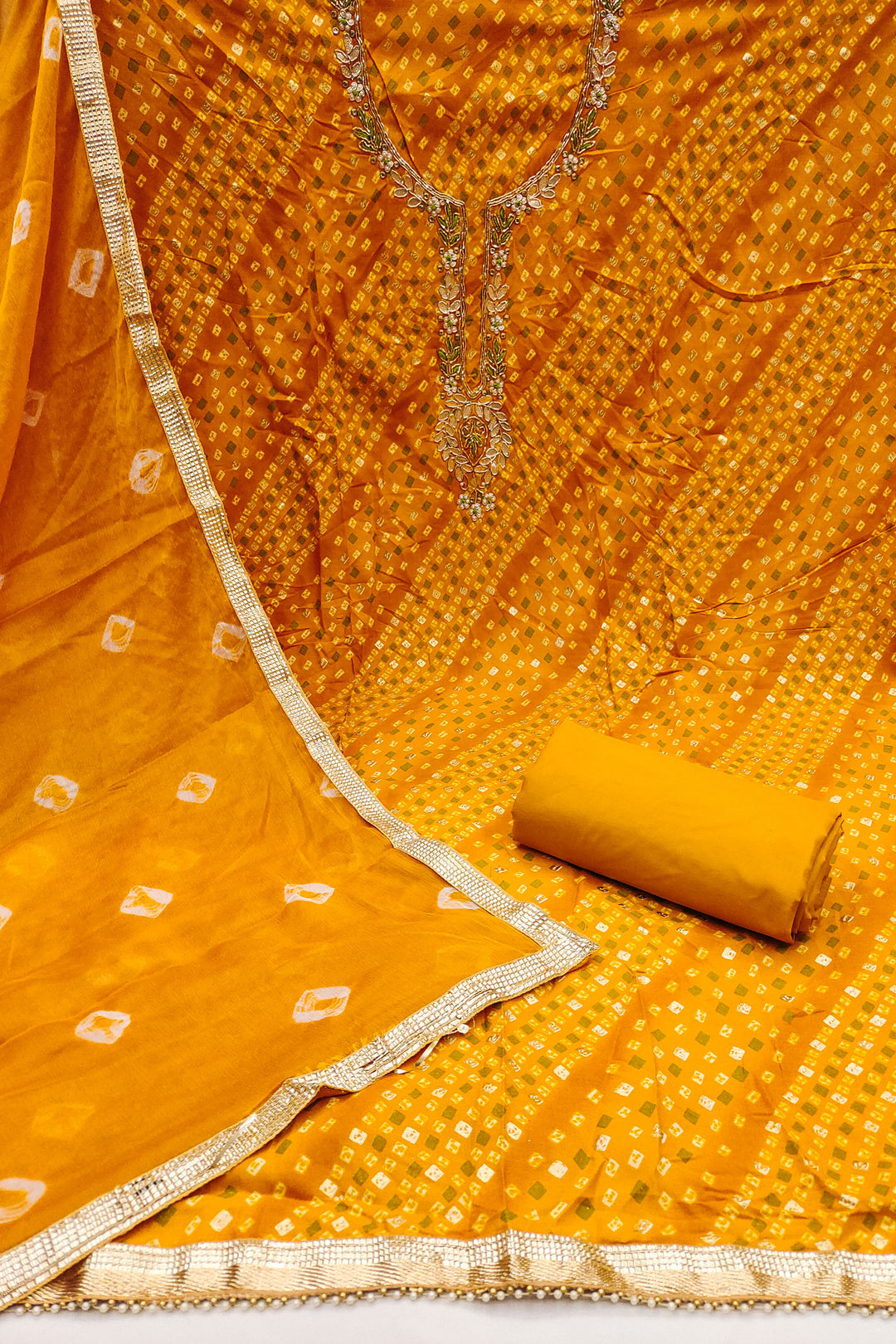 Stylish Yellow Bandhani Style Cotton Salwar Suit