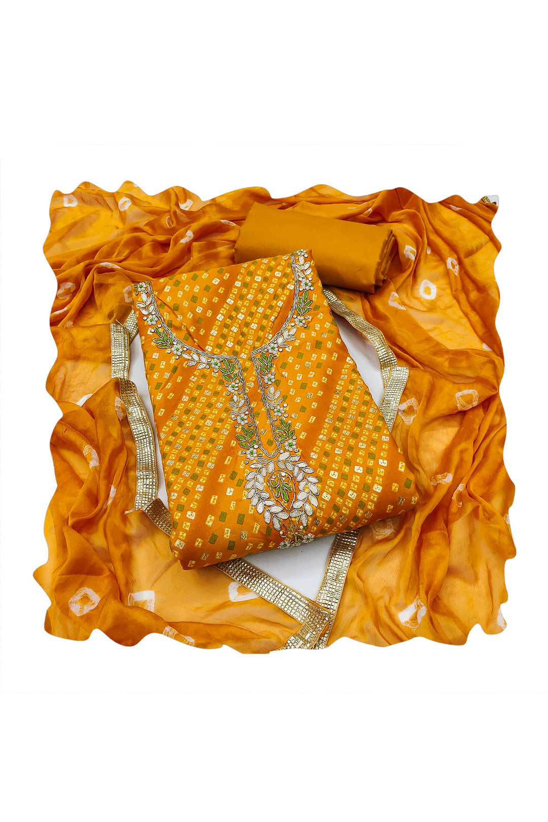 Stylish Yellow Bandhani Style Cotton Salwar Suit