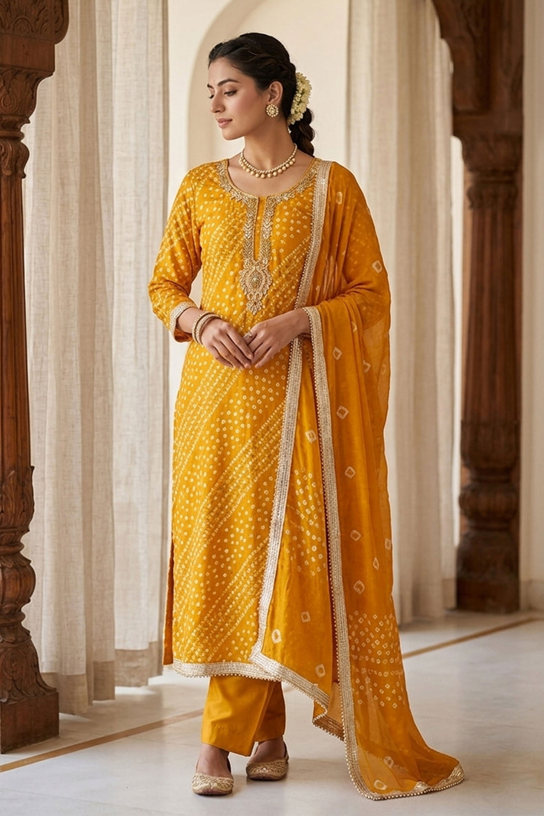 Stylish Yellow Bandhani Style Cotton Salwar Suit