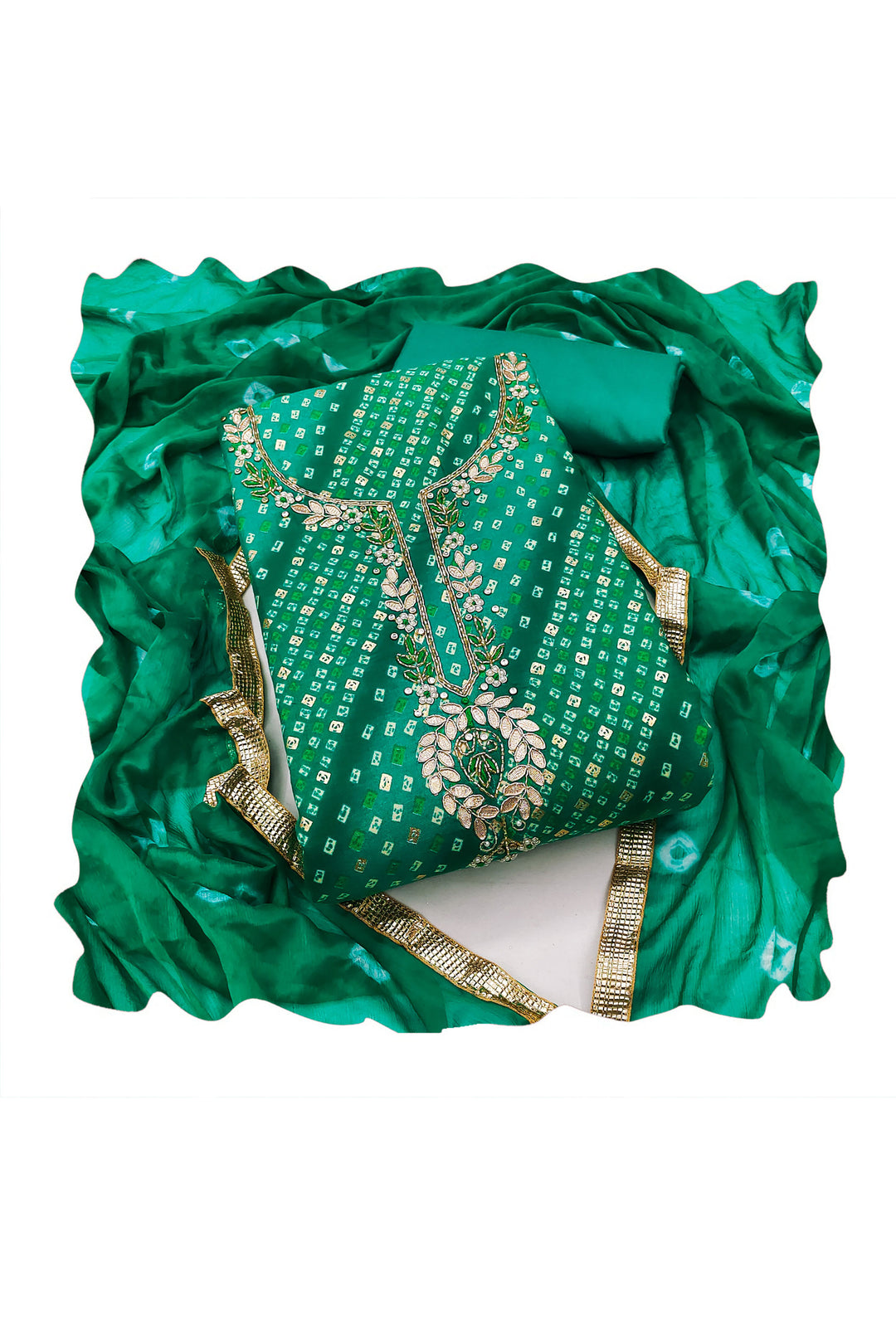 Elegant Green Bandhani Style Cotton Salwar Suit