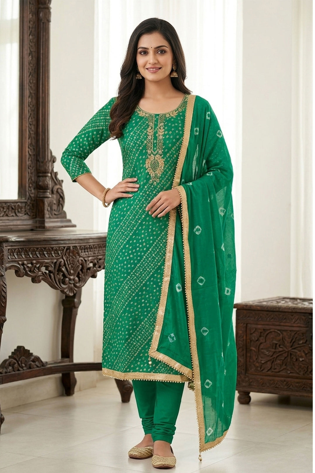 Elegant Green Bandhani Style Cotton Salwar Suit