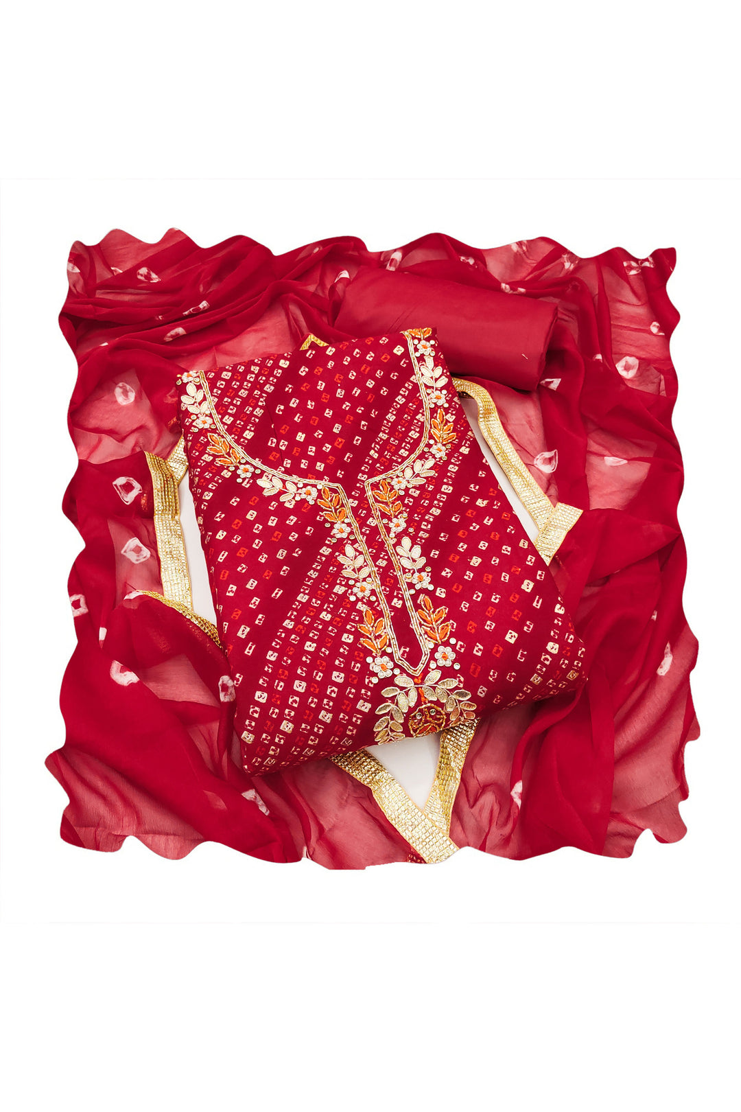 Stunning Red Bandhani Style Cotton Salwar Suit for Festival