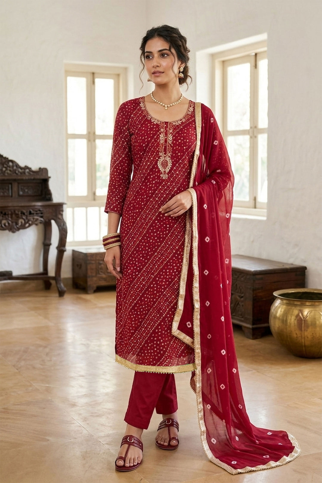 Stunning Red Bandhani Style Cotton Salwar Suit for Festival