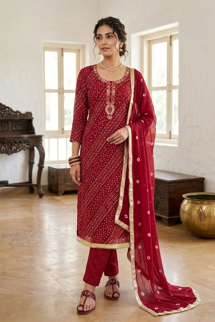 Stunning Red Bandhani Style Cotton Salwar Suit for Festival