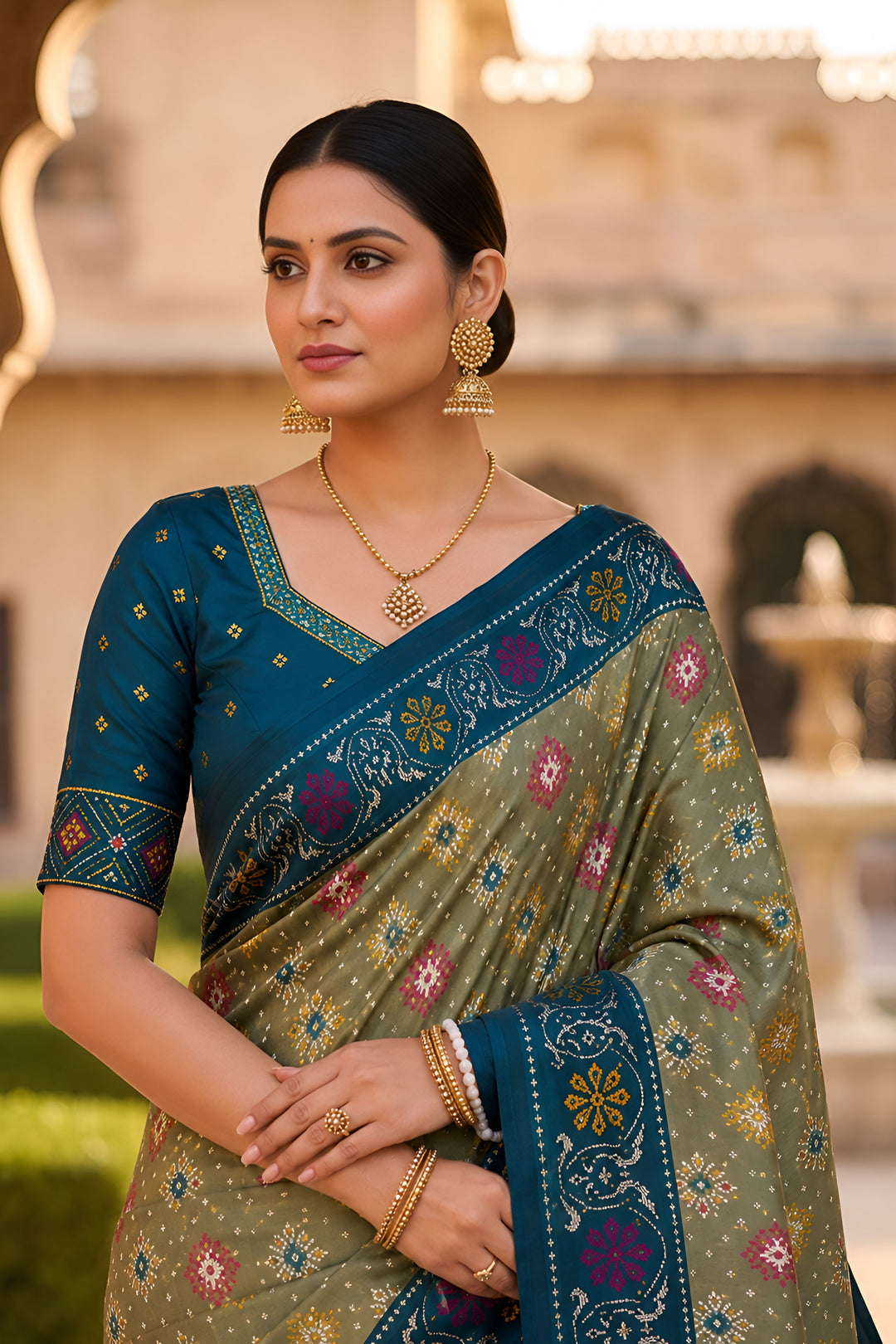 Festive Style Soothing Patola Printed Silk Saree In Green Color