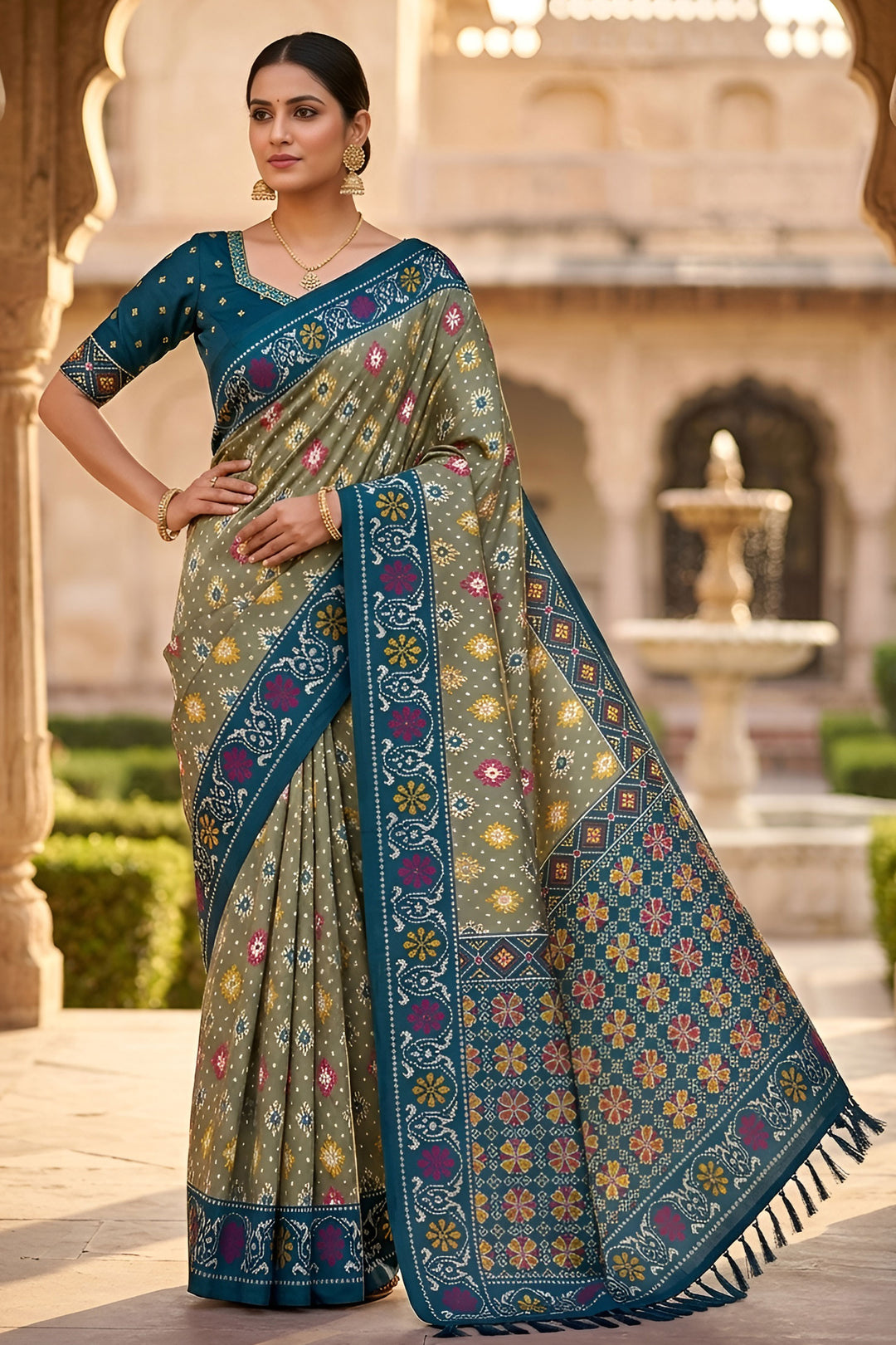 Festive Style Soothing Patola Printed Silk Saree In Green Color
