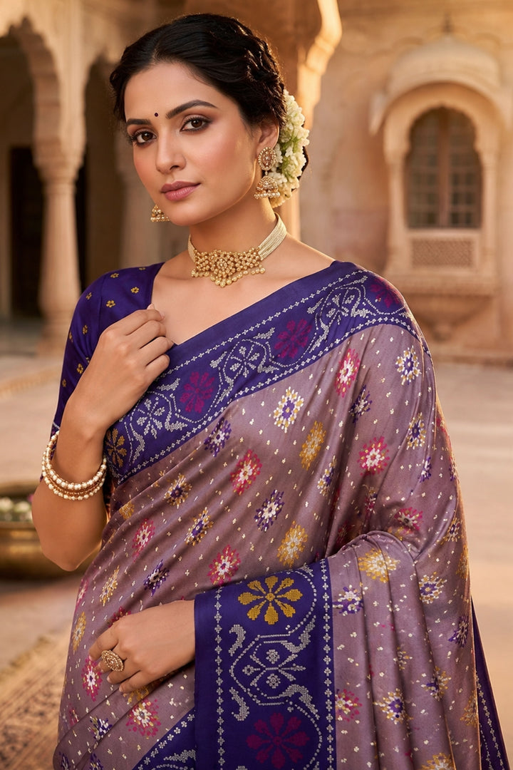 Blazing Grey Color Festive Style Patola Printed Silk Saree