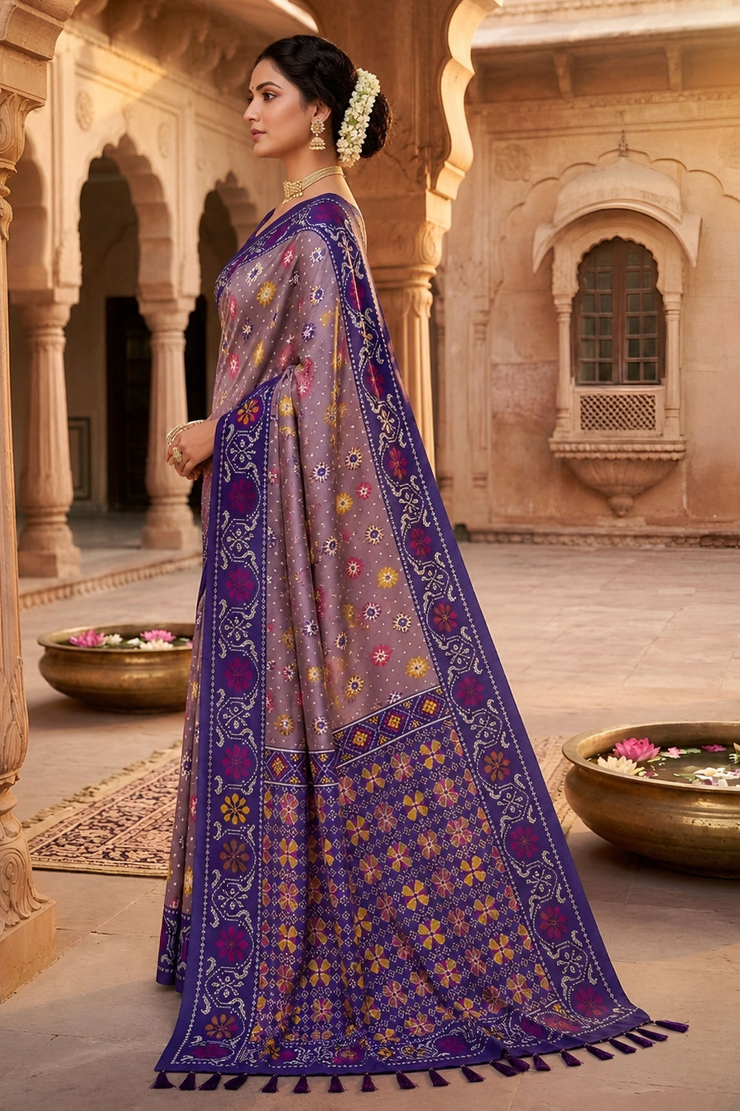 Blazing Grey Color Festive Style Patola Printed Silk Saree