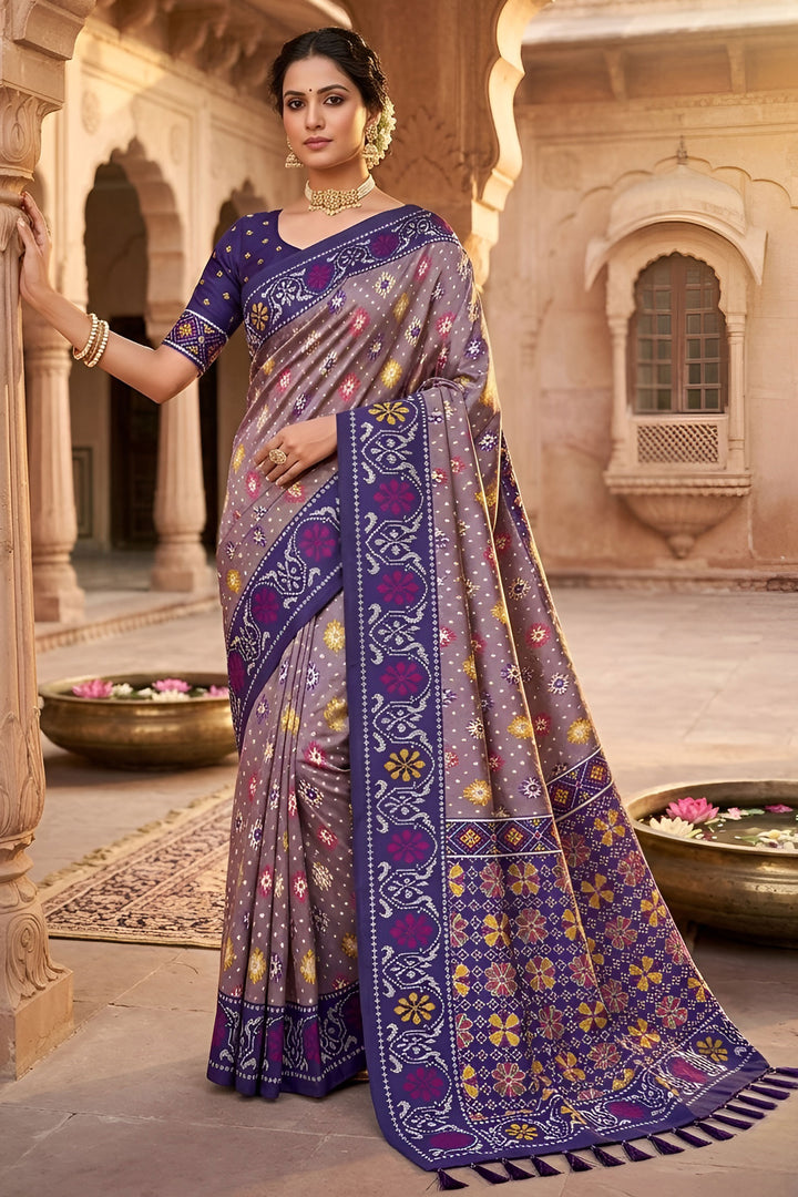 Blazing Grey Color Festive Style Patola Printed Silk Saree