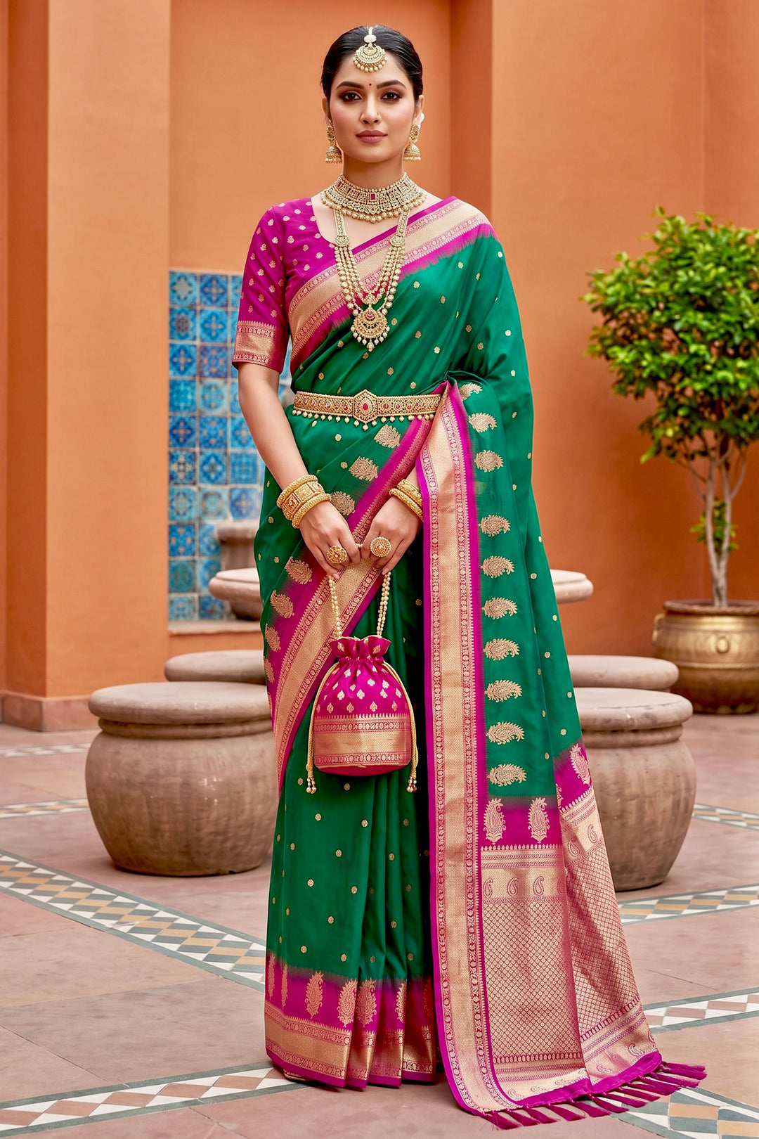 Beguiling Jacquard Work Green Color Silk Saree