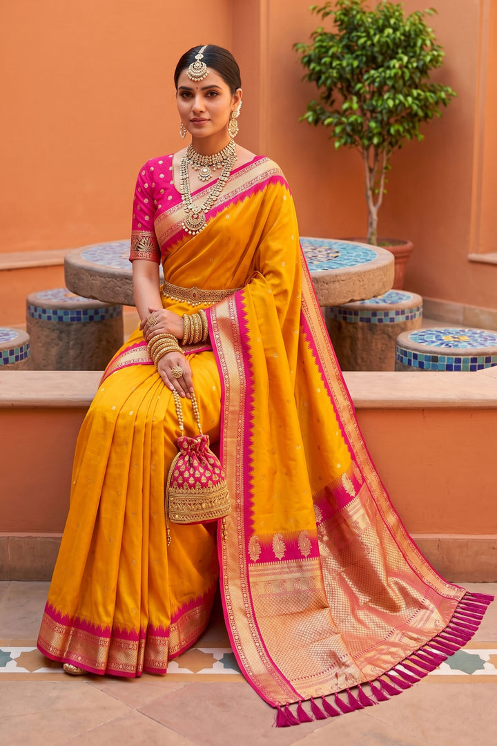 Engaging Yellow Color Silk Saree With Jacquard Work