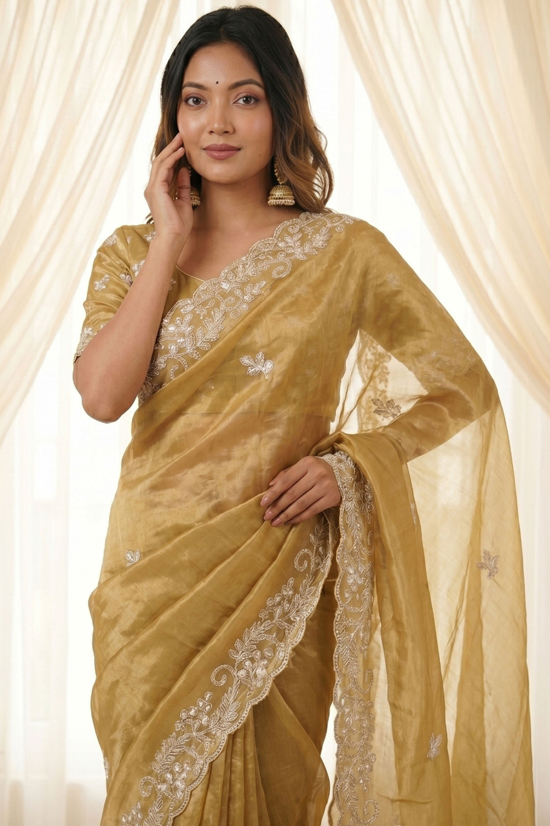 Elegant Beige Satin Saree With Embroidered Work
