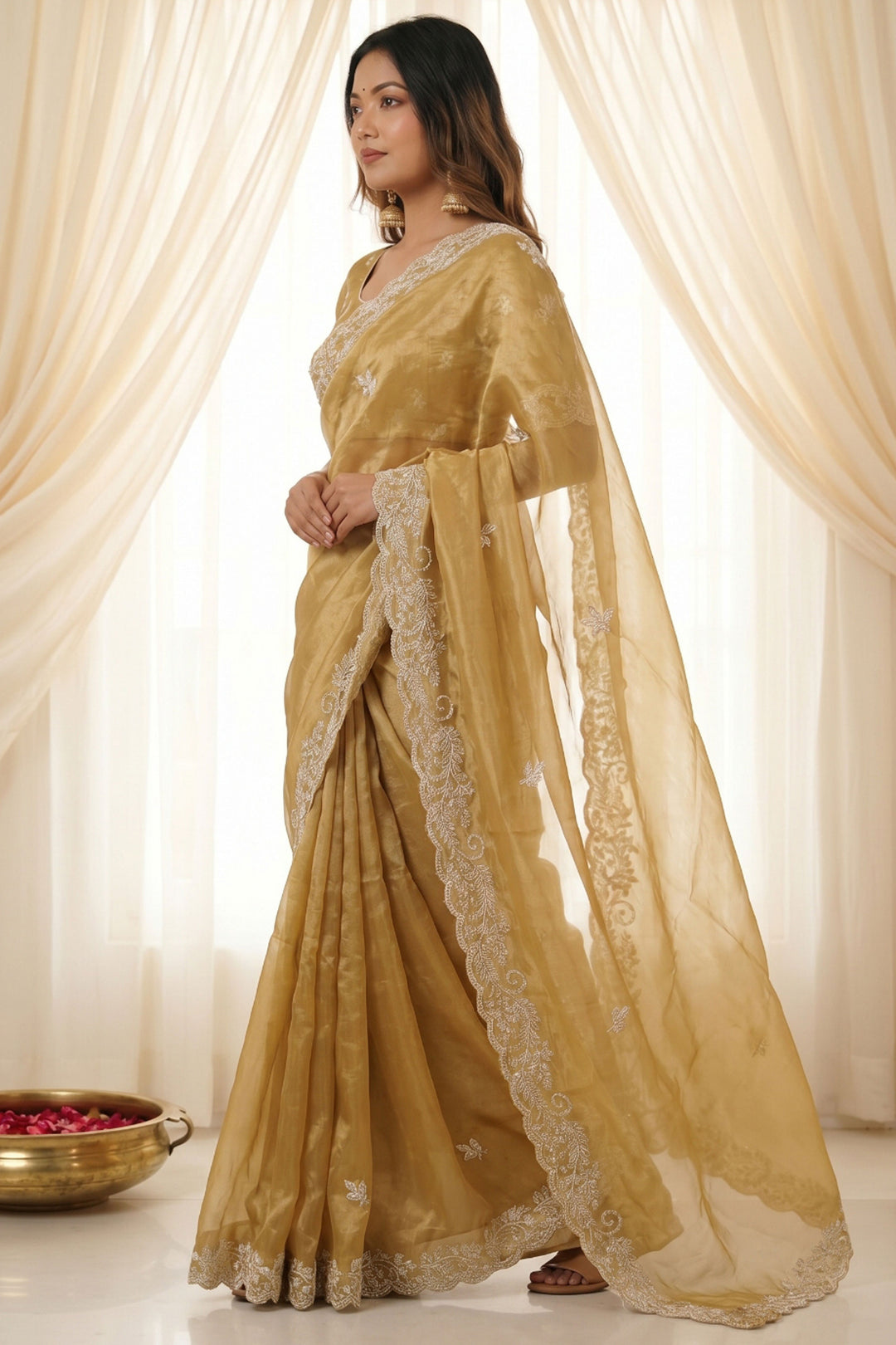 Elegant Beige Satin Saree With Embroidered Work
