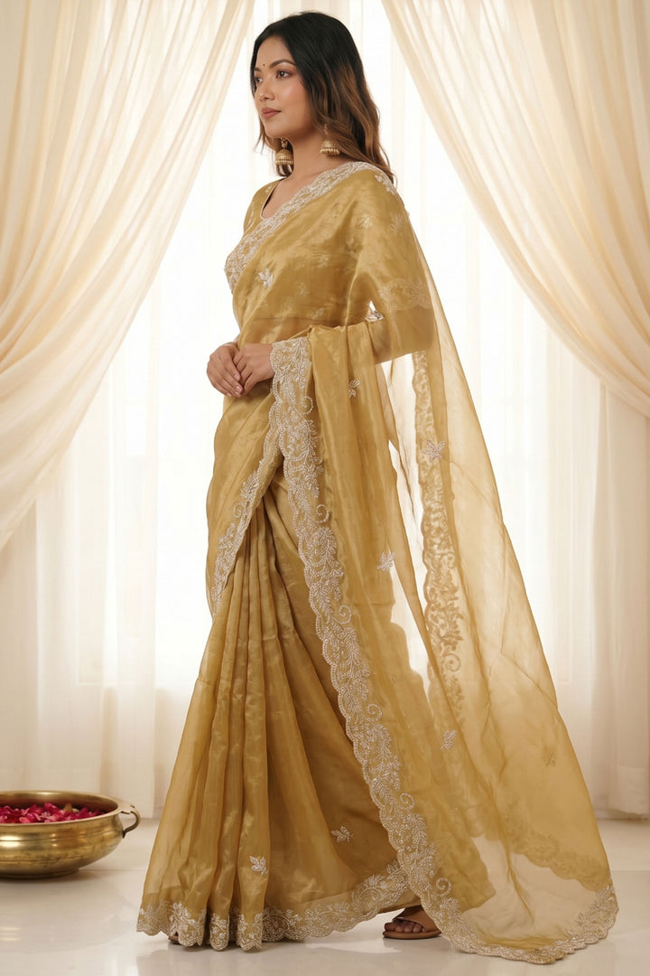 Elegant Beige Satin Saree With Embroidered Work