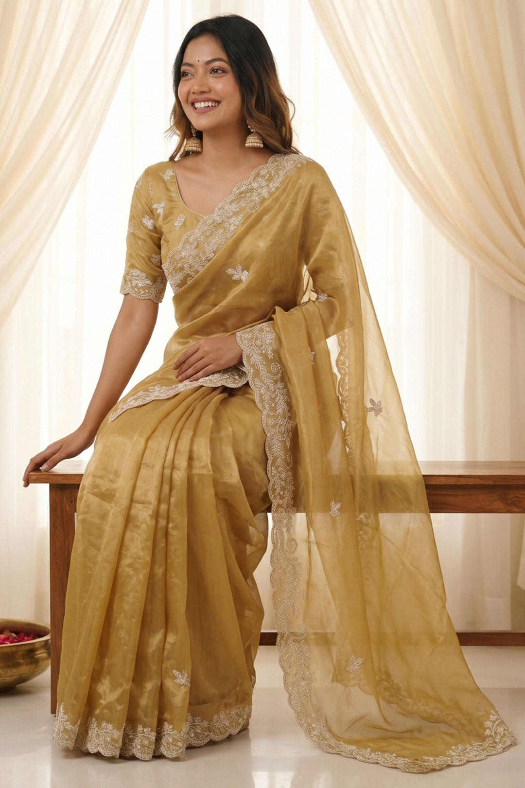 Elegant Beige Satin Saree With Embroidered Work