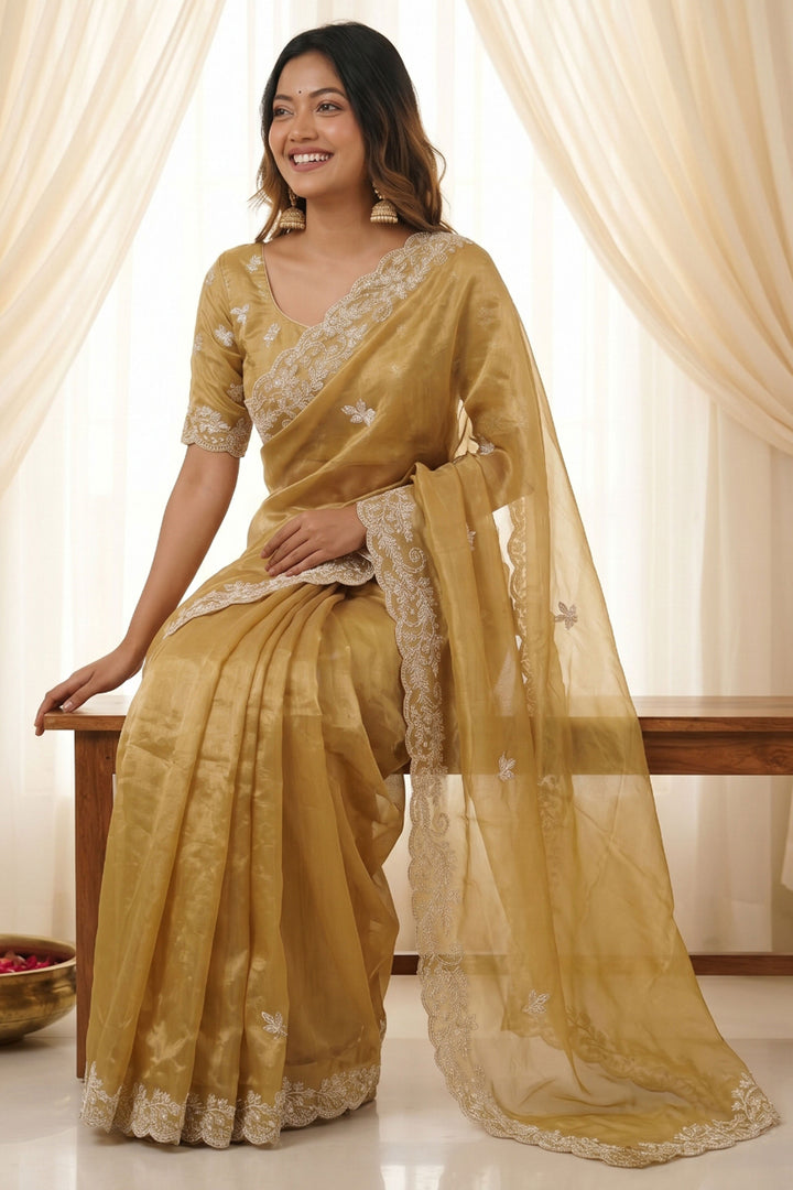 Elegant Beige Satin Saree With Embroidered Work