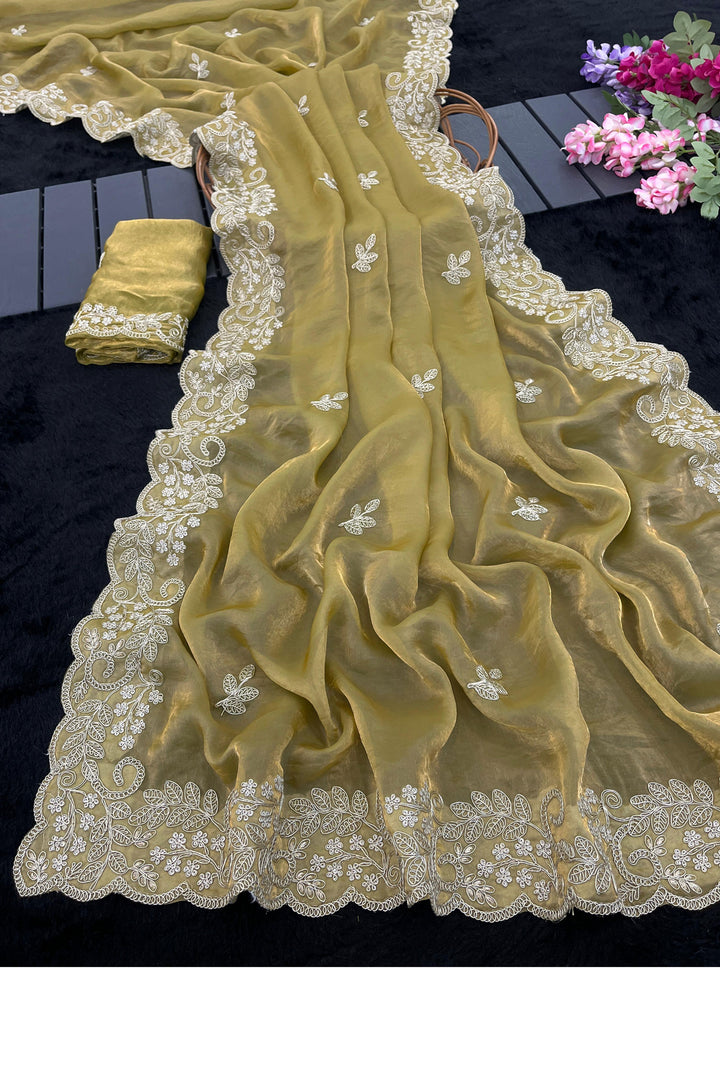 Elegant Beige Satin Saree With Embroidered Work
