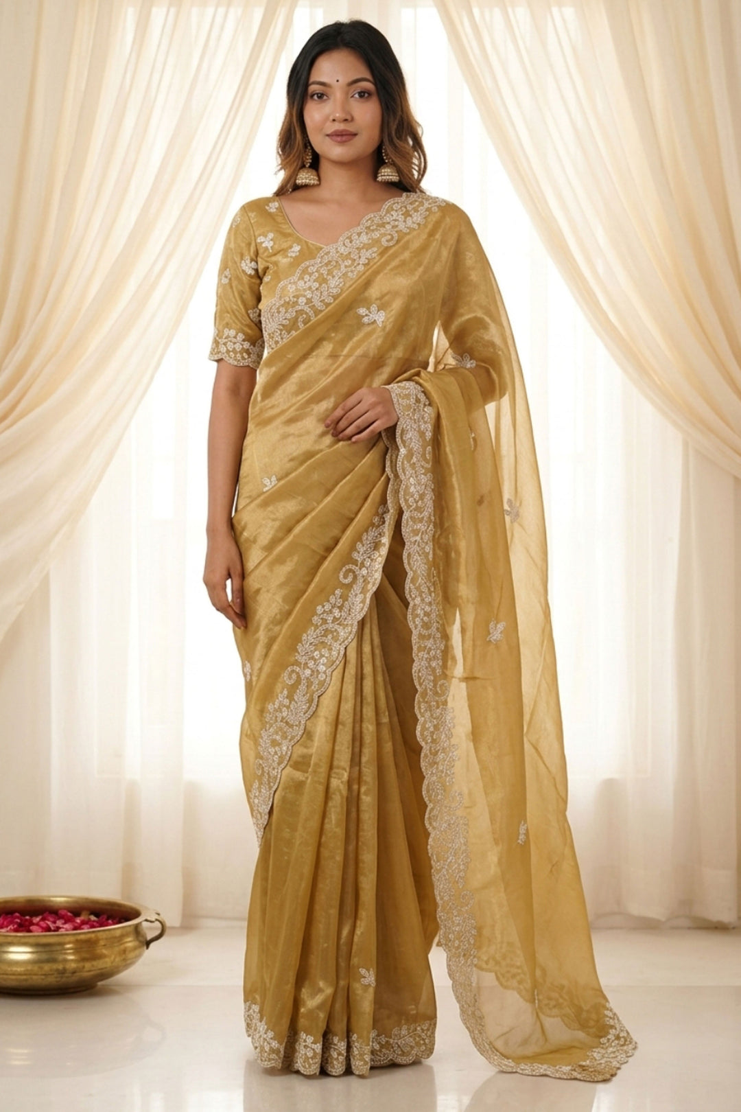 Elegant Beige Satin Saree With Embroidered Work