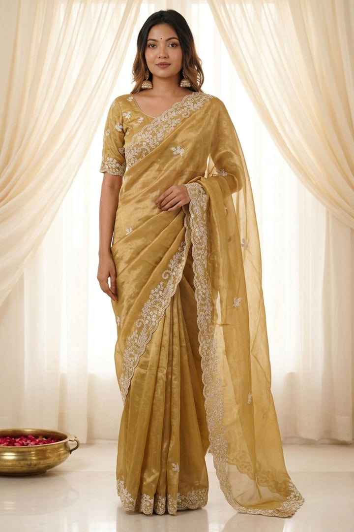 Elegant Beige Satin Saree With Embroidered Work