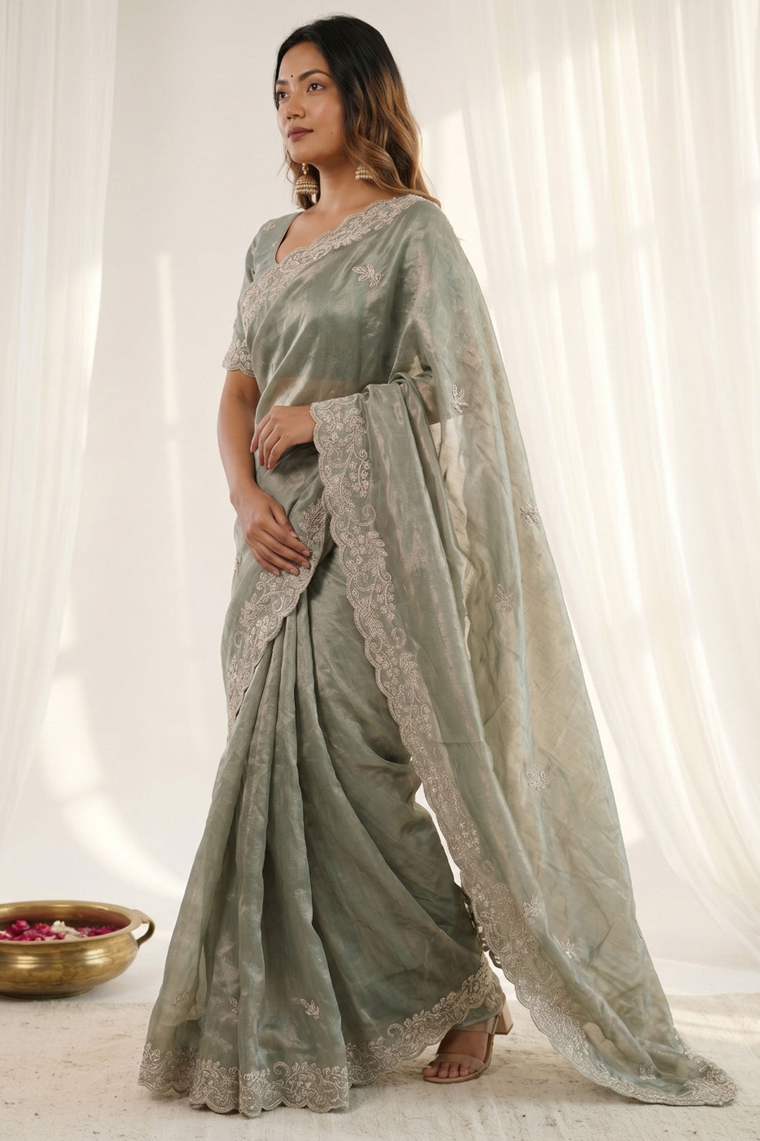 Traditional Sea Green Satin Saree With Embroidered Work
