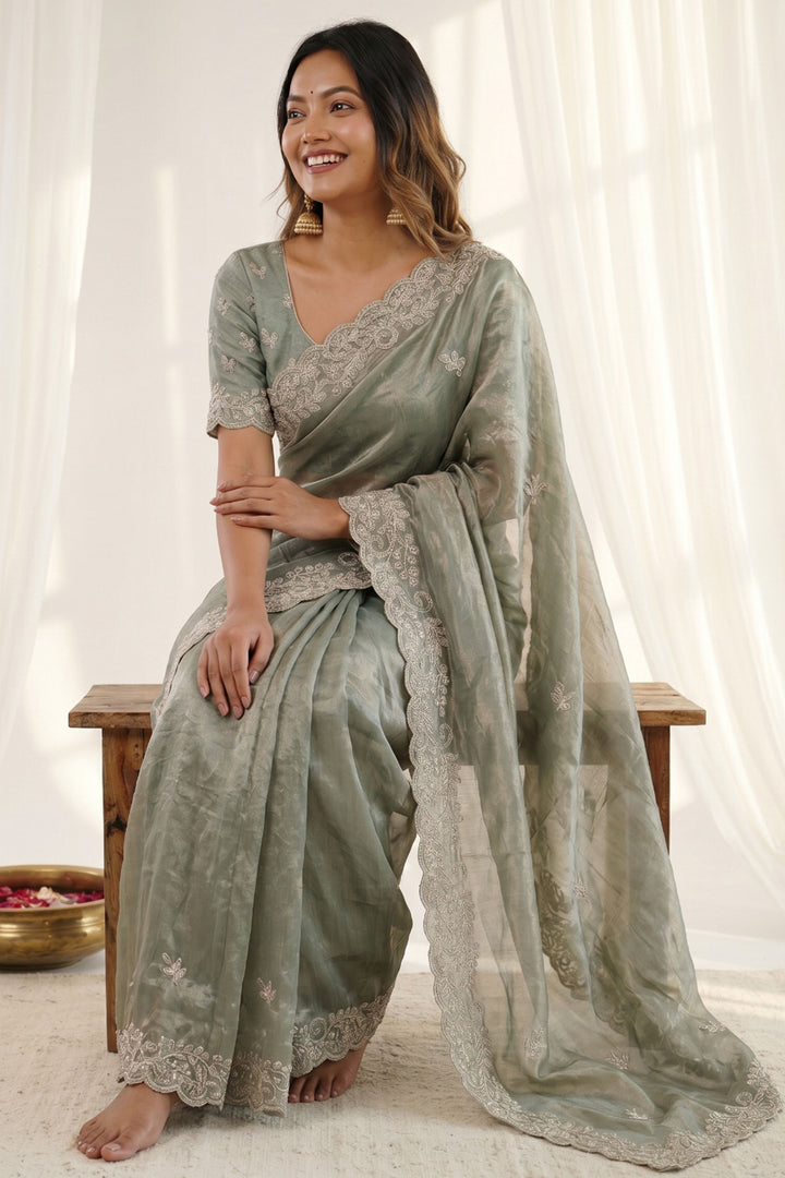 Traditional Sea Green Satin Saree With Embroidered Work