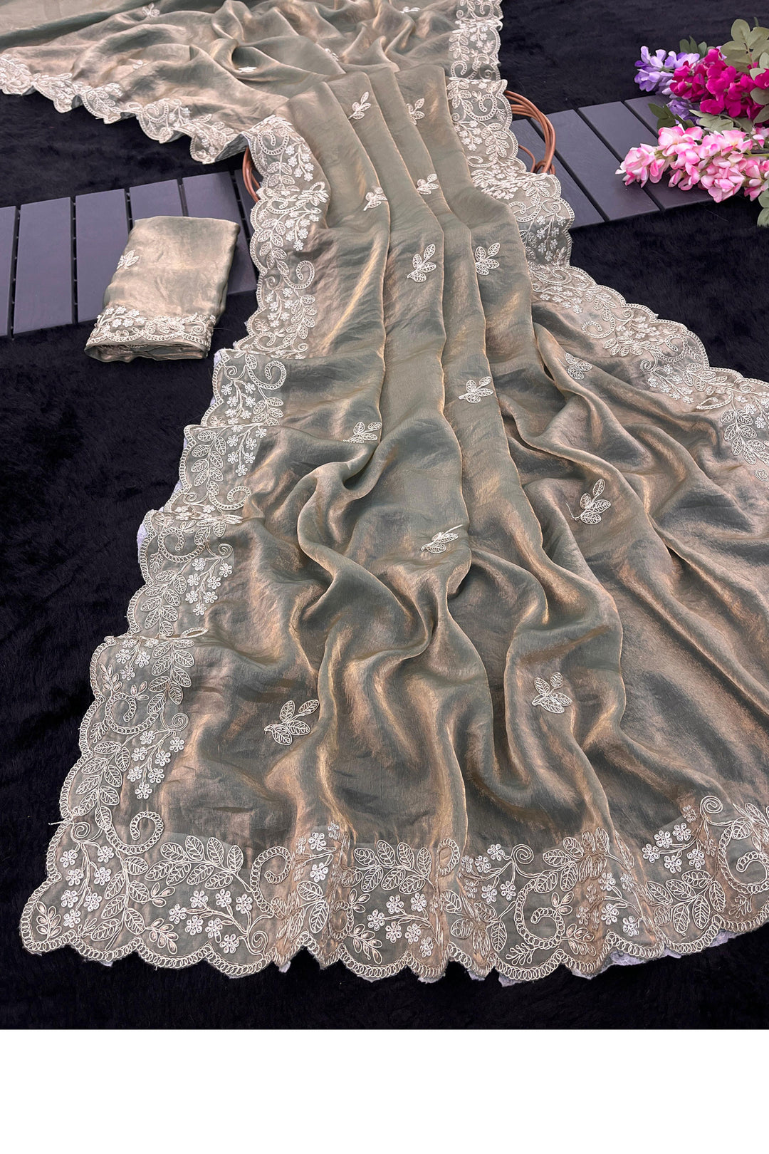 Traditional Sea Green Satin Saree With Embroidered Work