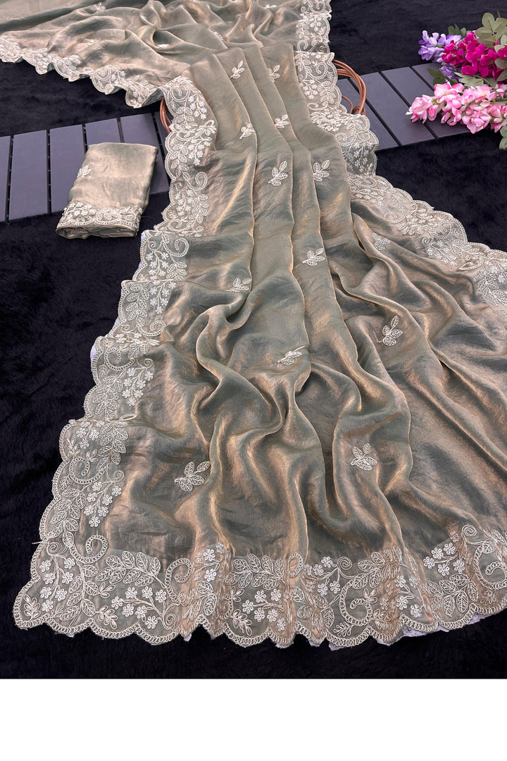 Traditional Sea Green Satin Saree With Embroidered Work