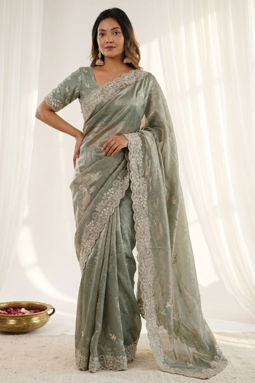 Traditional Sea Green Satin Saree With Embroidered Work