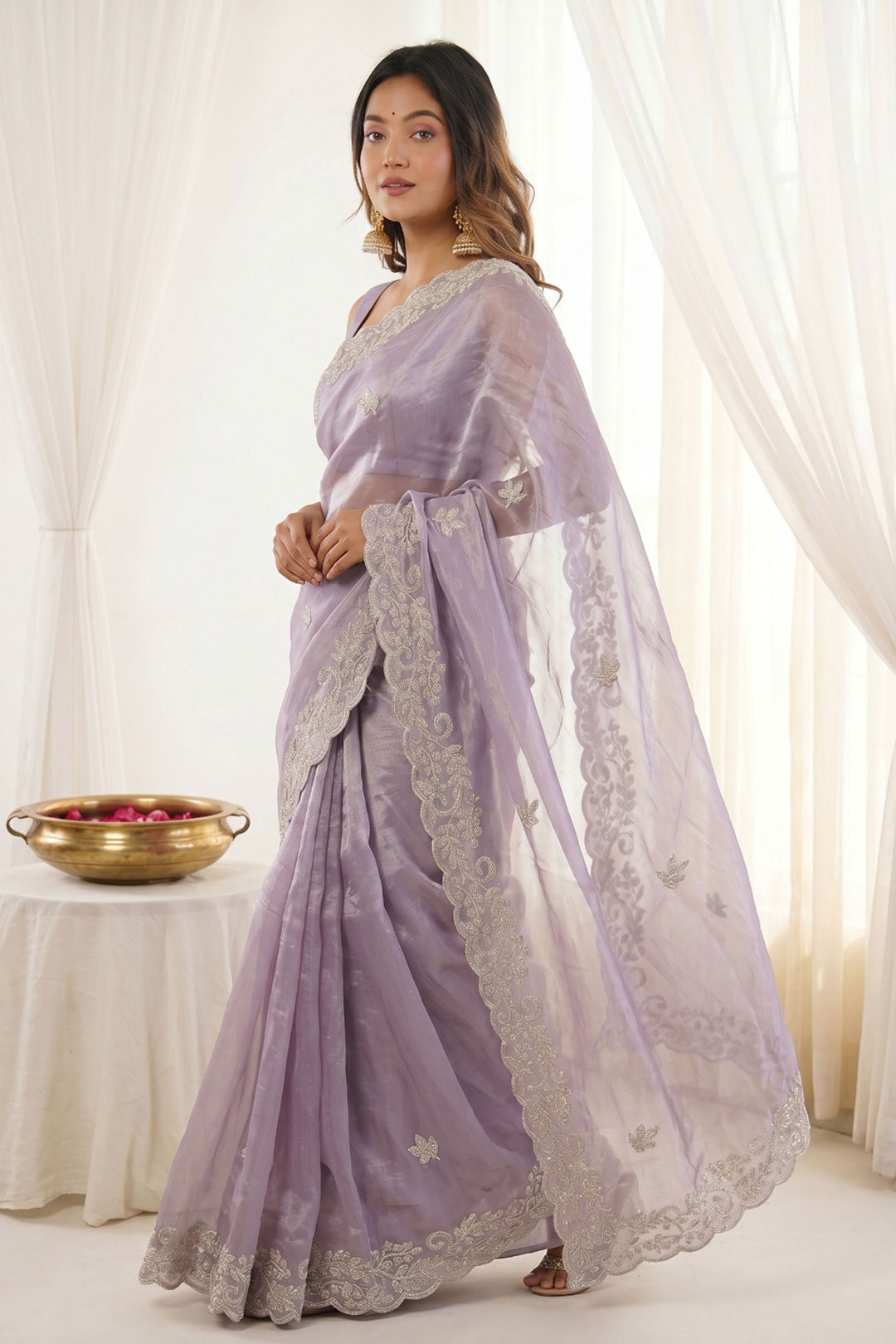Classic Lavender Silk Saree With Embroidered Work