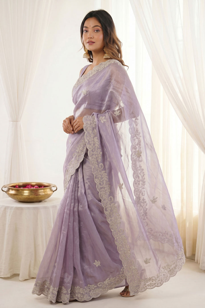 Classic Lavender Silk Saree With Embroidered Work