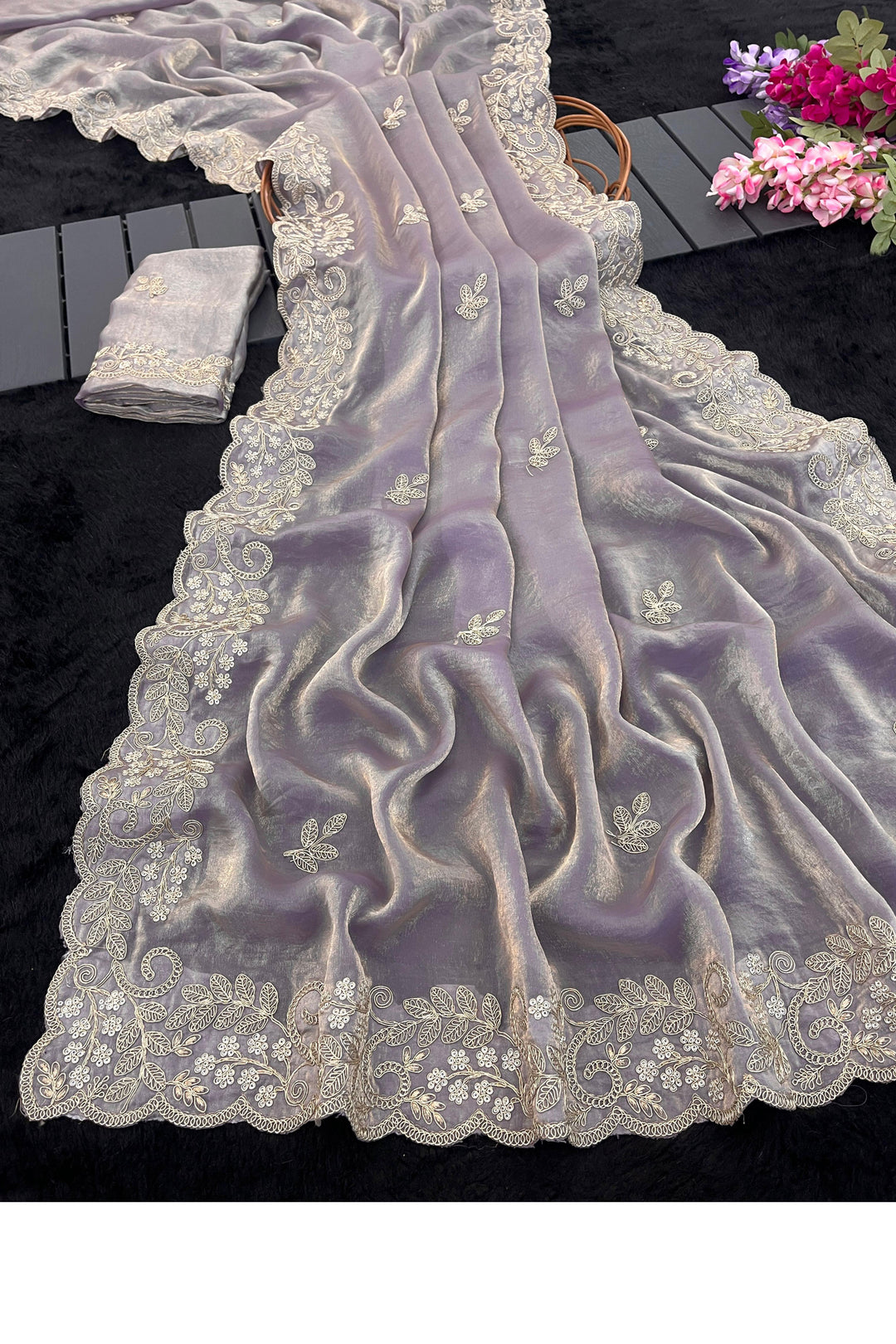 Classic Lavender Silk Saree With Embroidered Work