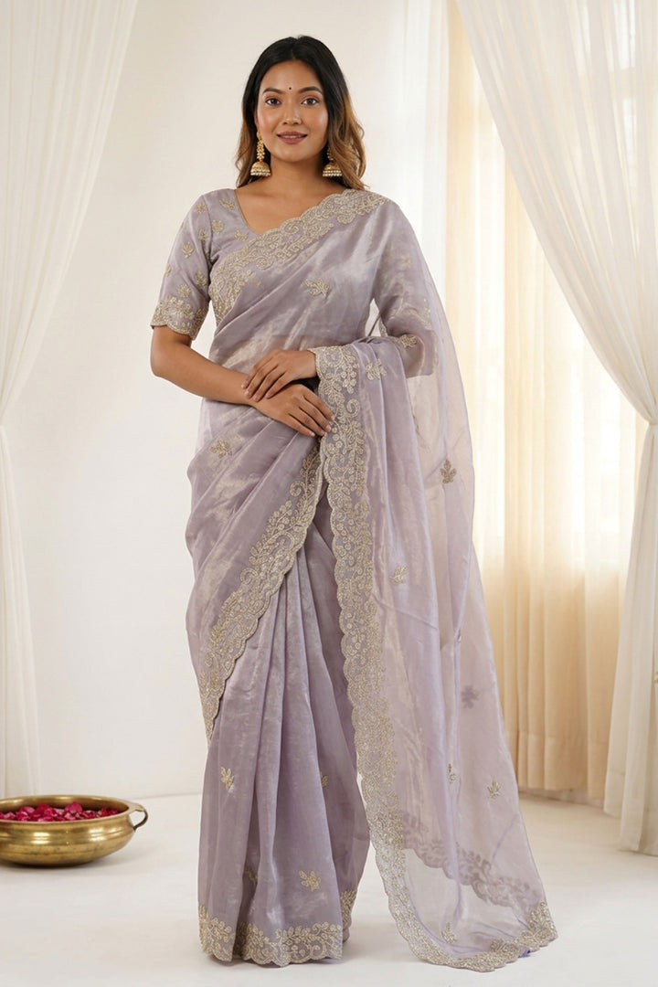 Classic Lavender Silk Saree With Embroidered Work