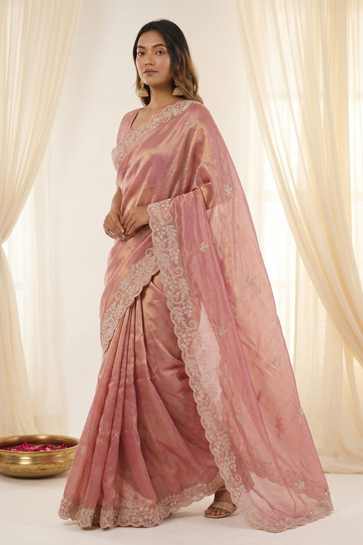 Stylish Pink Silk Saree With Embroidered Work