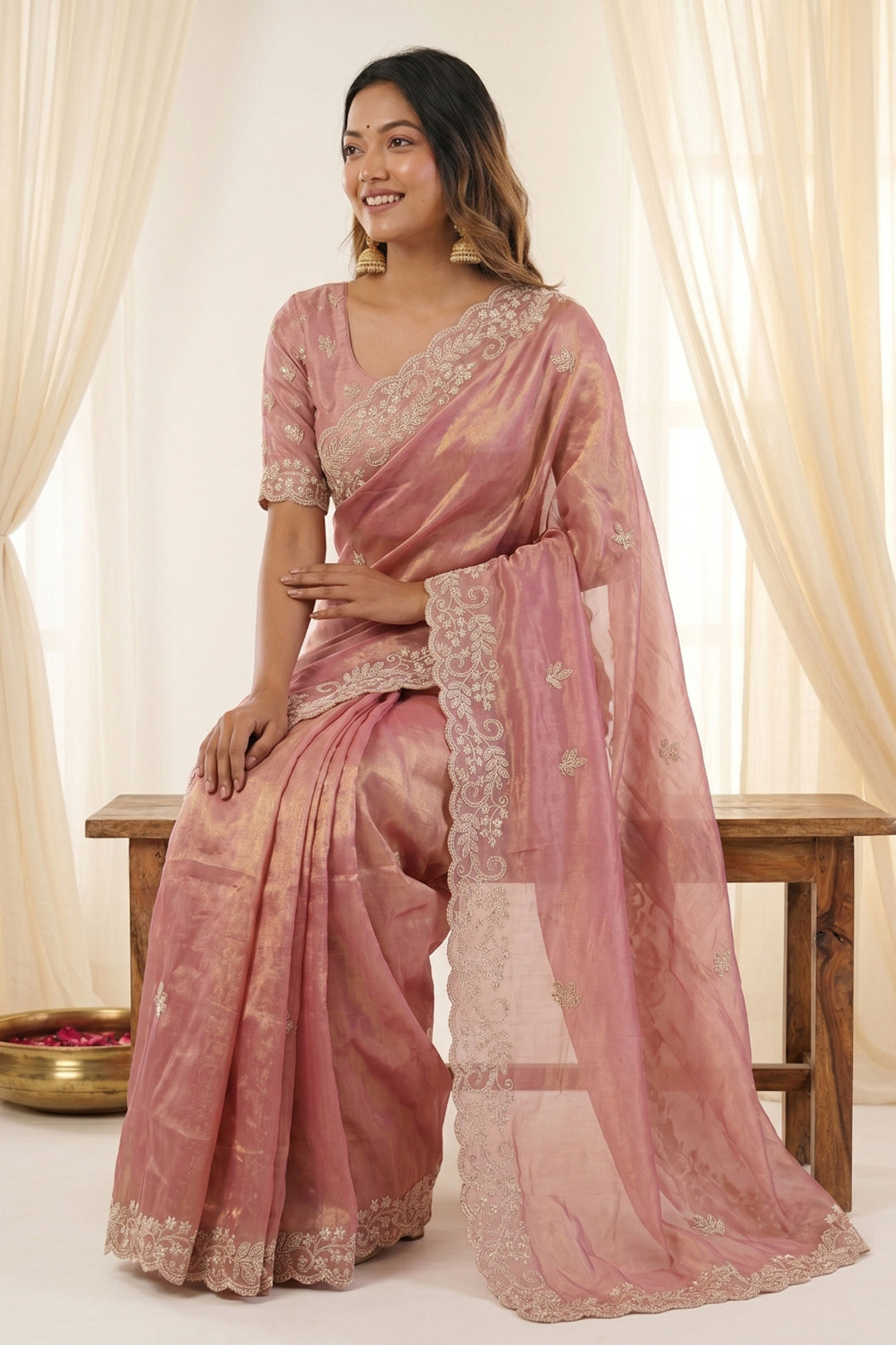 Stylish Pink Silk Saree With Embroidered Work