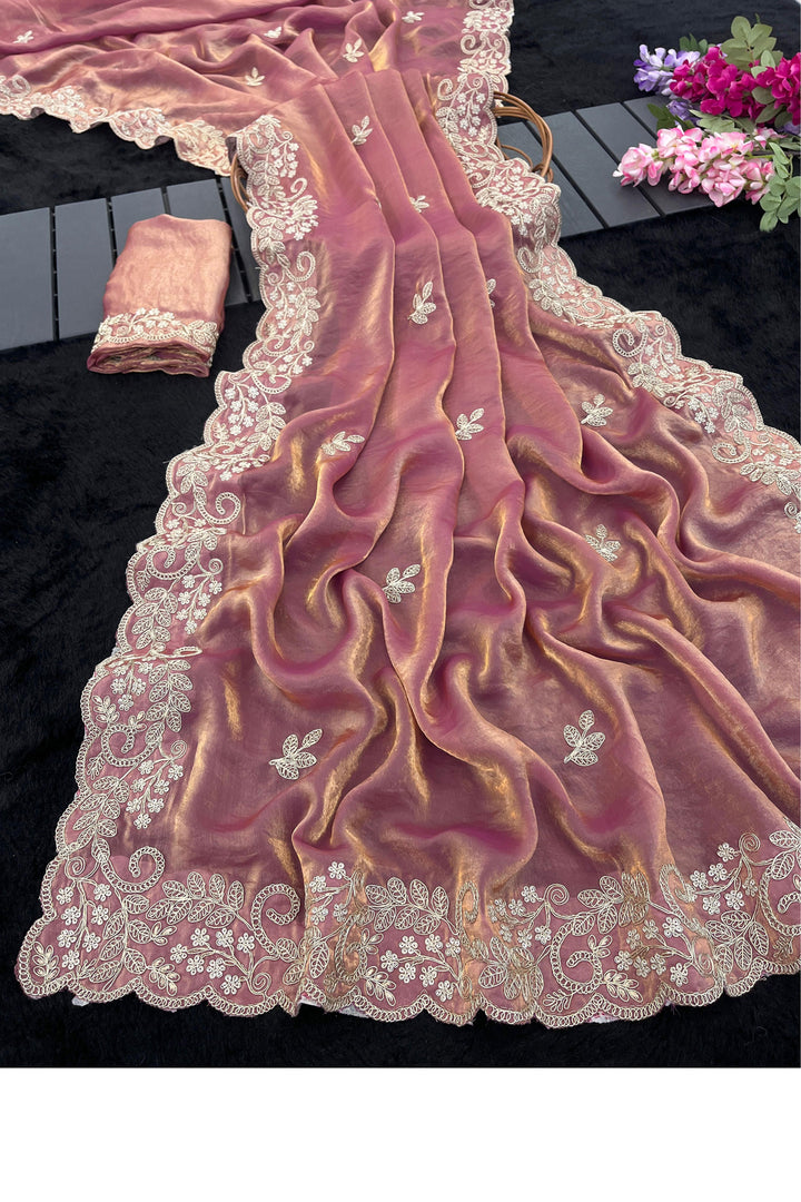 Stylish Pink Silk Saree With Embroidered Work