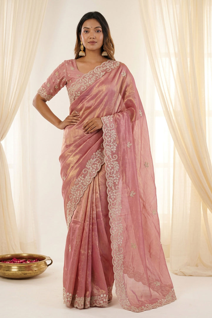 Stylish Pink Silk Saree With Embroidered Work