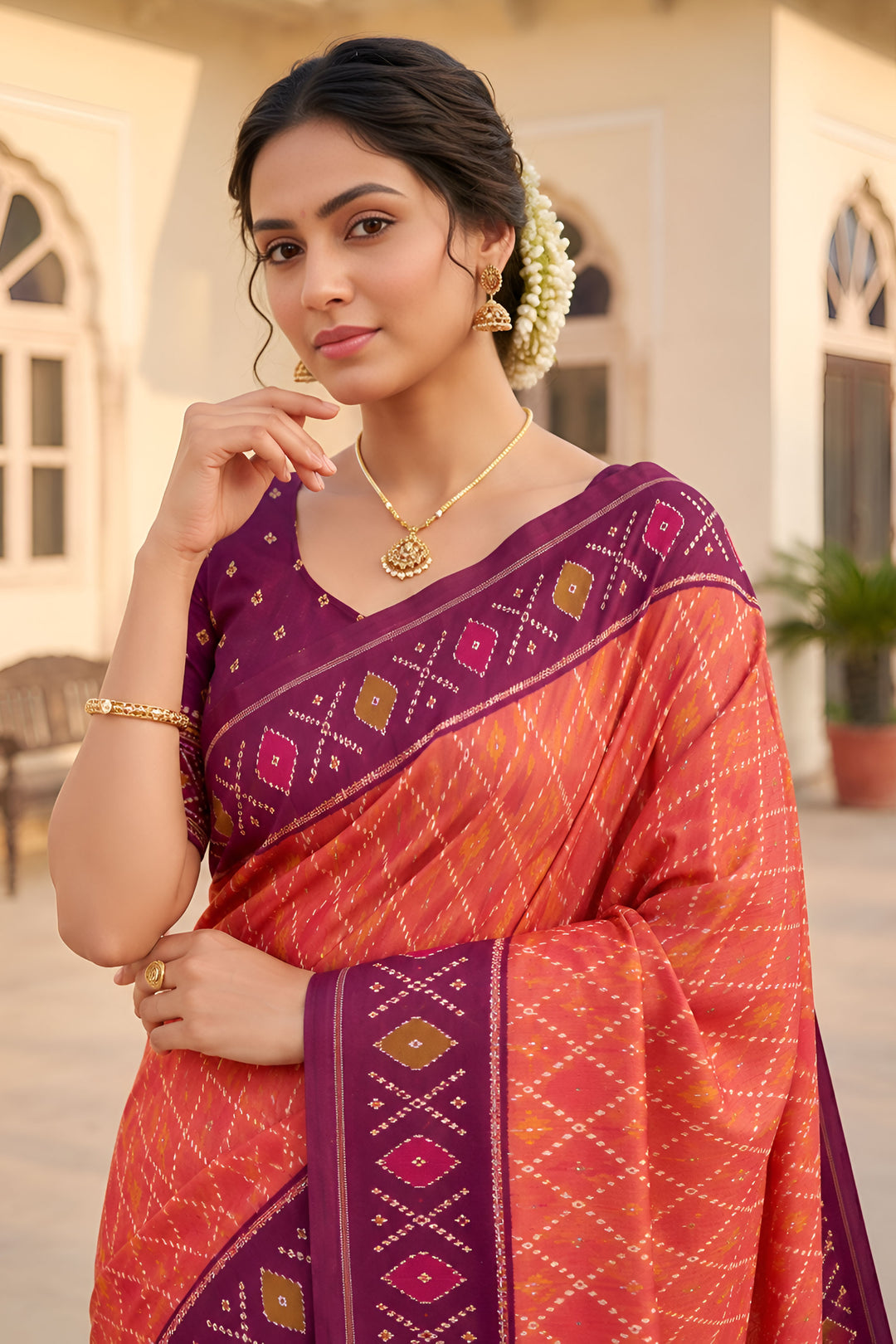 Tempting Patola Silk Peach Color Meenakari Jacquard Saree