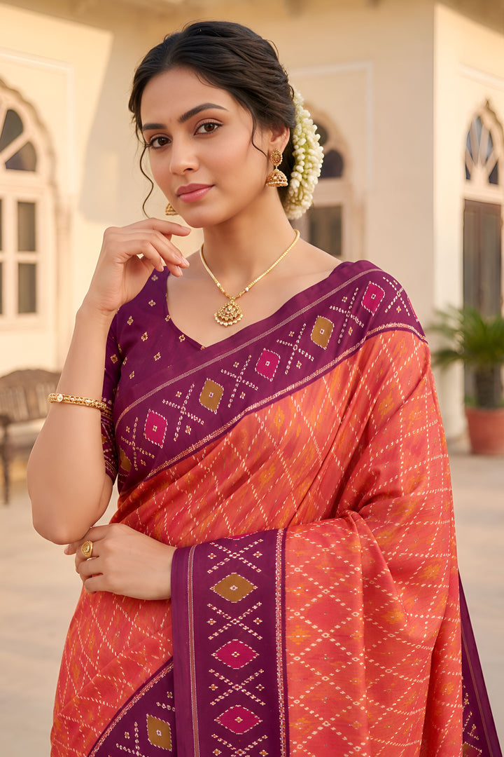 Tempting Patola Silk Peach Color Meenakari Jacquard Saree