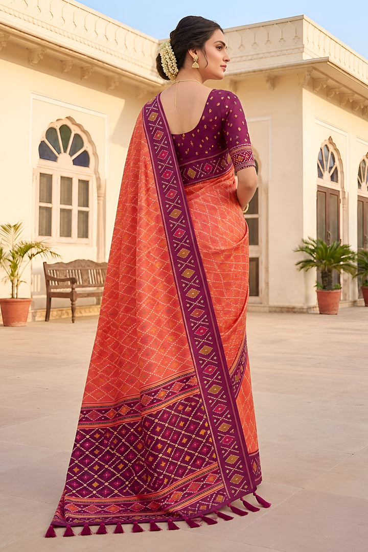 Tempting Patola Silk Peach Color Meenakari Jacquard Saree