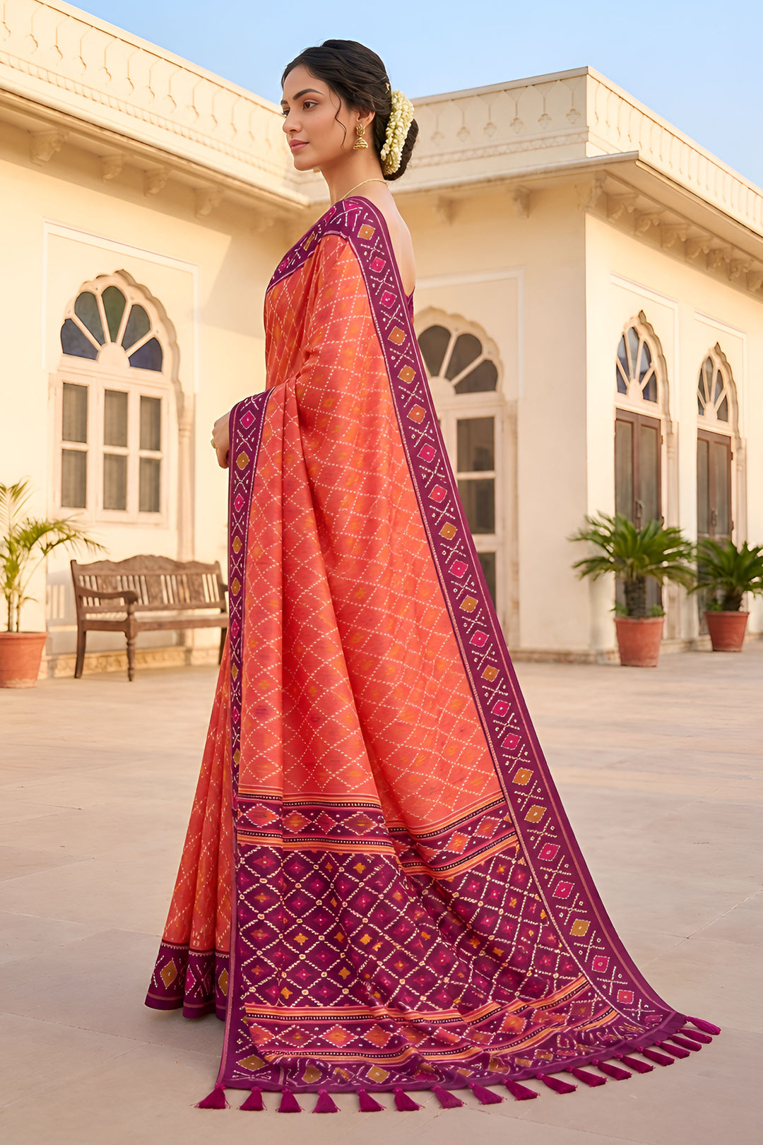 Tempting Patola Silk Peach Color Meenakari Jacquard Saree