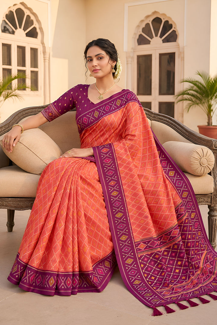 Tempting Patola Silk Peach Color Meenakari Jacquard Saree