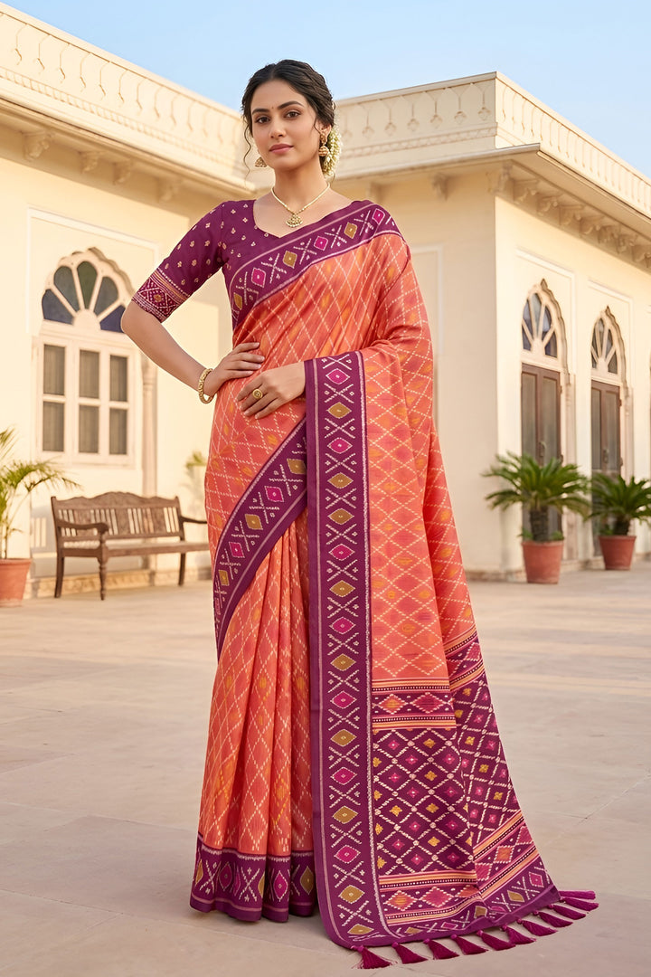 Tempting Patola Silk Peach Color Meenakari Jacquard Saree