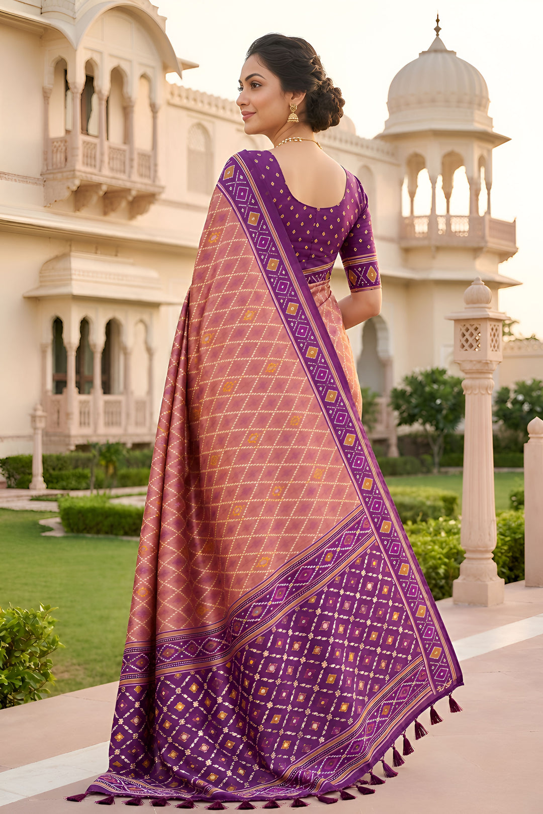 Trendy Patola Silk Pink Color Meenakari Jacquard Saree