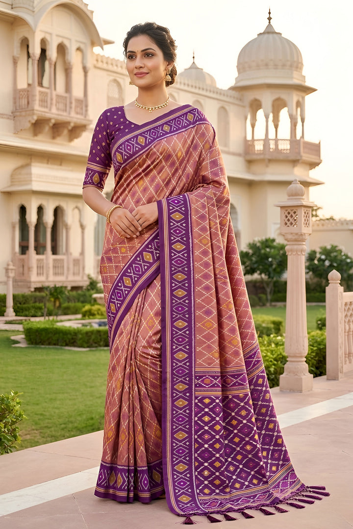 Trendy Patola Silk Pink Color Meenakari Jacquard Saree
