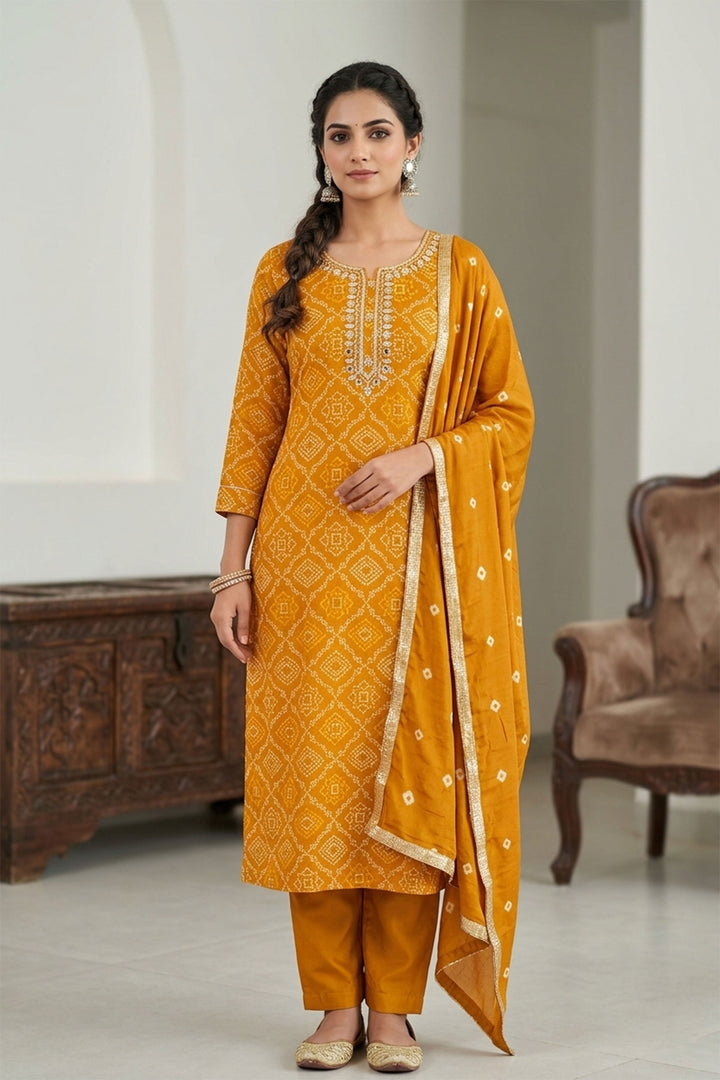 Mustard Color Attractive Bandhani Style Cotton Salwar Suit