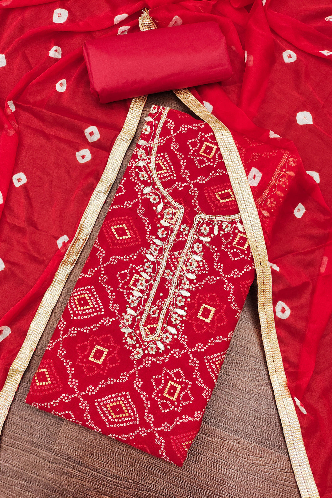 Red Color Beautiful Bandhani Style Cotton Salwar Suit