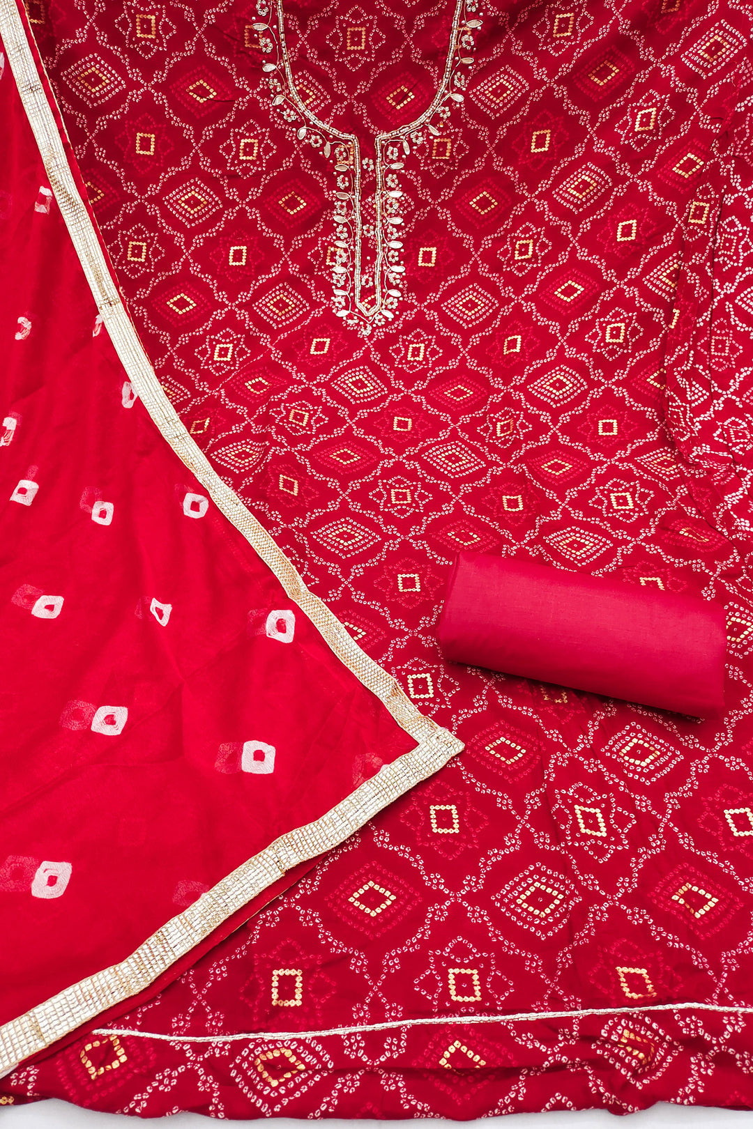 Red Color Beautiful Bandhani Style Cotton Salwar Suit
