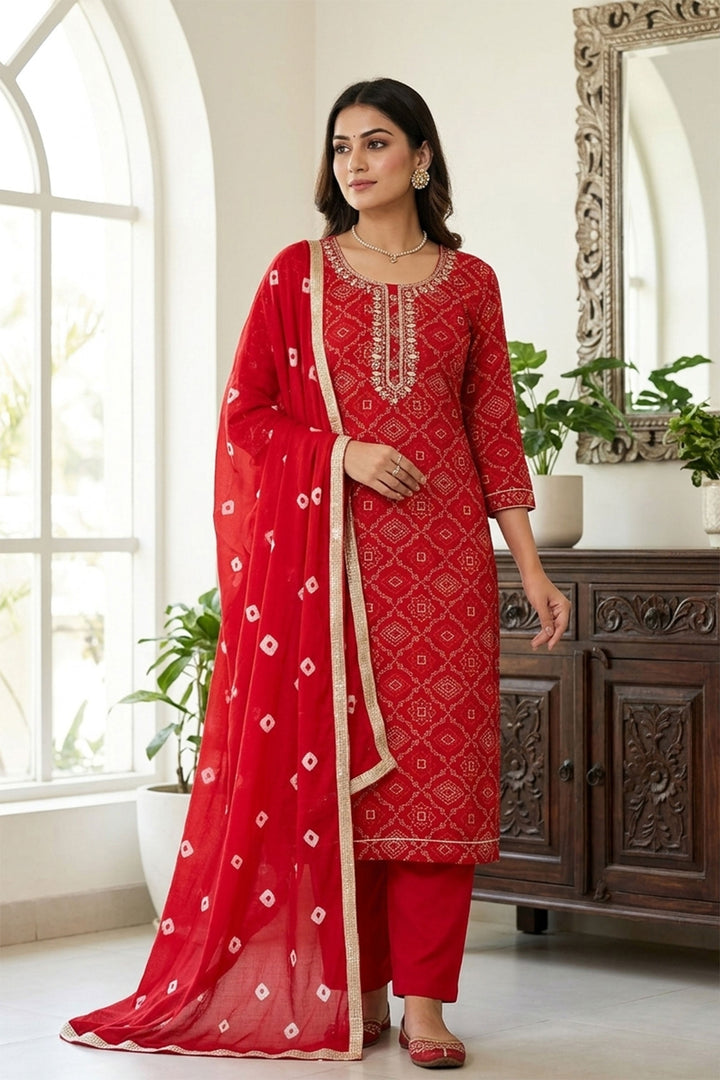Red Color Beautiful Bandhani Style Cotton Salwar Suit